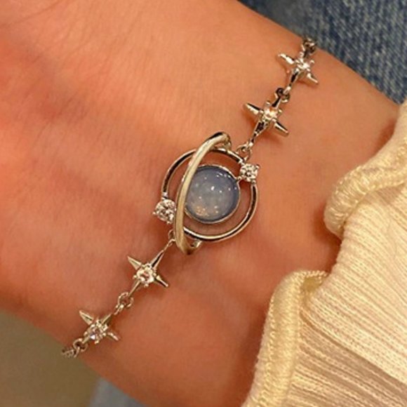 Jewelry - DESIGNER SPACE AGE SATURN/STAR FAUX BLUE MOONSTONE + CLEAR CRYSTAL BRACELET**NEW
